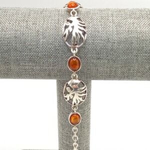 Unsigned 925 Sterling Silver Bracelet Vintage Amber Tree of Life 7"